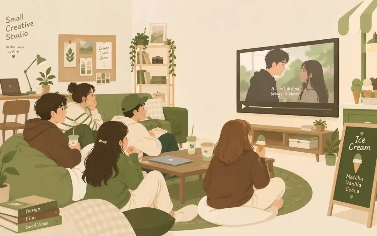 一勺清甜,认真做短剧 黄果AI漫剧 黄果AI漫剧内容团队工作场景插画